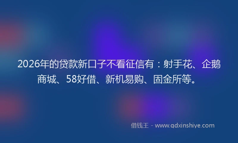 2026年的贷款新口子不看征信有:射手花、企鹅商城、58好借、新机易购、固金所等。