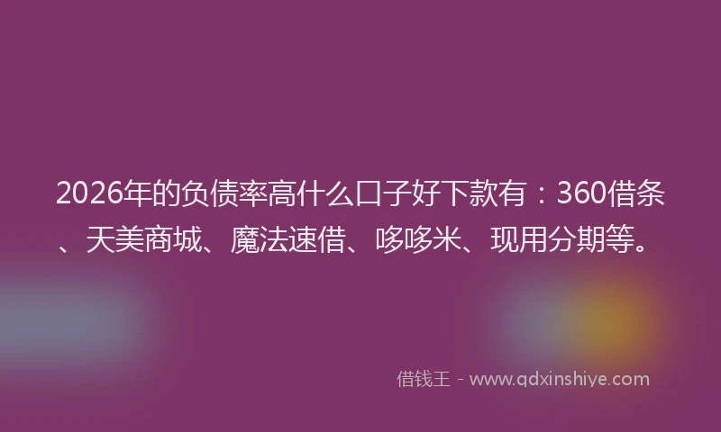 2026年的负债率高什么口子好下款有：360借条、天美商城、魔法速借、哆哆米、现用分期等。