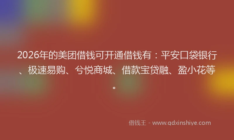 2026年的美团借钱可开通借钱有：平安口袋银行、极速易购、兮悦商城、借款宝贷融、盈小花等。
