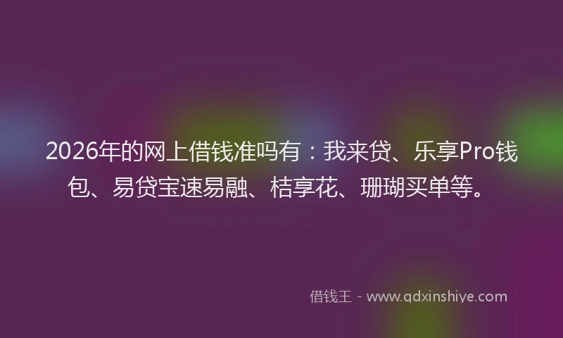 2026年的网上借钱准吗有：我来贷、乐享Pro钱包、易贷宝速易融、桔享花、珊瑚买单等。