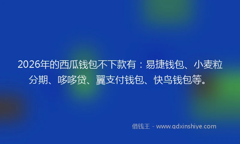 2026年的西瓜钱包不下款有:易捷钱包、小麦粒分期、哆哆贷、翼支付钱包、快鸟钱包等。