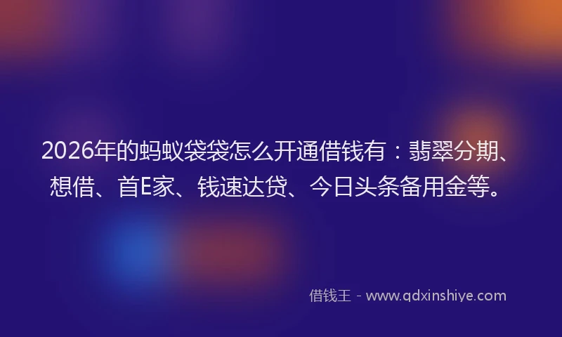 2026年的蚂蚁袋袋怎么开通借钱有：翡翠分期、想借、首E家、钱速达贷、今日头条备用金等。