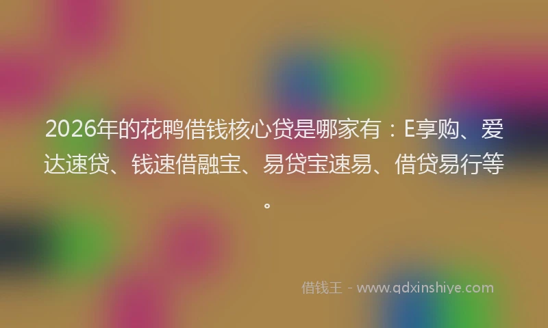 2026年的花鸭借钱核心贷是哪家有：E享购、爱达速贷、钱速借融宝、易贷宝速易、借贷易行等。