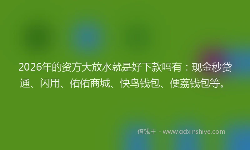 2026年的资方大放水就是好下款吗有：现金秒贷通、闪用、佑佑商城、快鸟钱包、便荔钱包等。