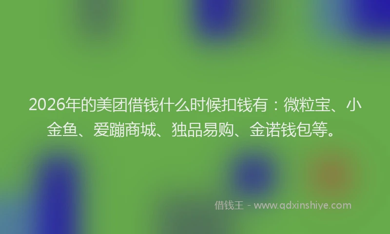 2026年的美团借钱什么时候扣钱有：微粒宝、小金鱼、爱蹦商城、独品易购、金诺钱包等。