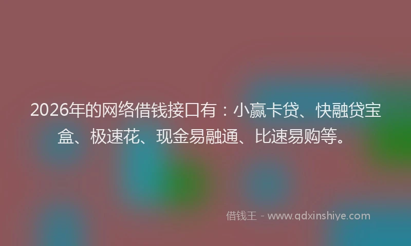 2026年的网络借钱接口有：小赢卡贷、快融贷宝盒、极速花、现金易融通、比速易购等。