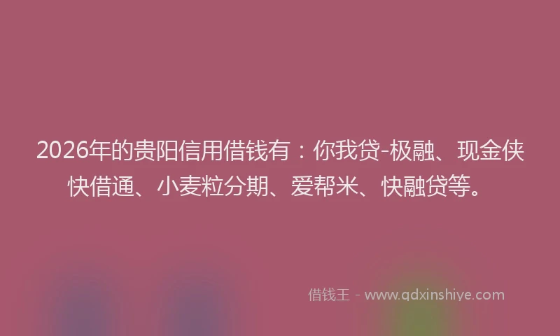 2026年的贵阳信用借钱有：你我贷-极融、现金侠快借通、小麦粒分期、爱帮米、快融贷等。