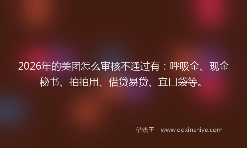 2026年的美团怎么审核不通过有：呼吸金、现金秘书、拍拍用、借贷易贷、宜口袋等。