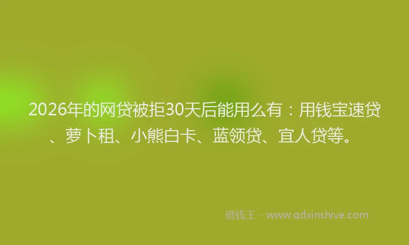 2026年的网贷被拒30天后能用么有：用钱宝速贷、萝卜租、小熊白卡、蓝领贷、宜人贷等。