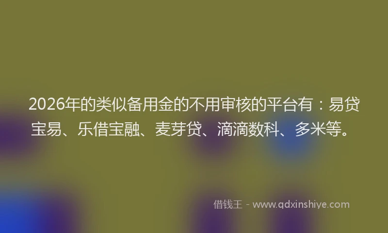 2026年的类似备用金的不用审核的平台有：易贷宝易、乐借宝融、麦芽贷、滴滴数科、多米等。