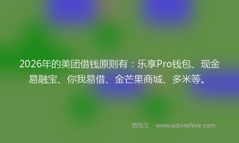 2026年的美团借钱原则有：乐享Pro钱包、现金易融宝、你我易借、金芒果商城、多米等。
