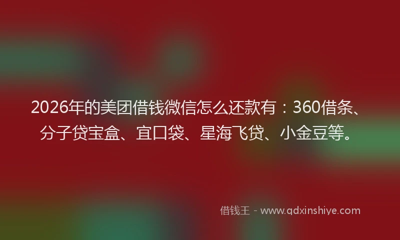 2026年的美团借钱微信怎么还款有:360借条、分子贷宝盒、宜口袋、星海飞贷、小金豆等。