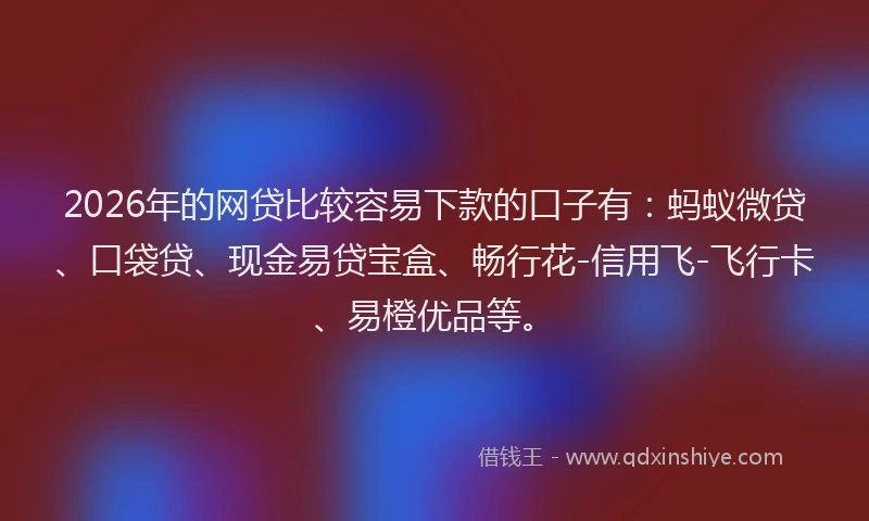 2026年的网贷比较容易下款的口子有：蚂蚁微贷、口袋贷、现金易贷宝盒、畅行花-信用飞-飞行卡、易橙优品等。