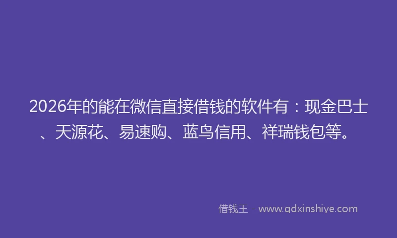 2026年的能在微信直接借钱的软件有：现金巴士、天源花、易速购、蓝鸟信用、祥瑞钱包等。