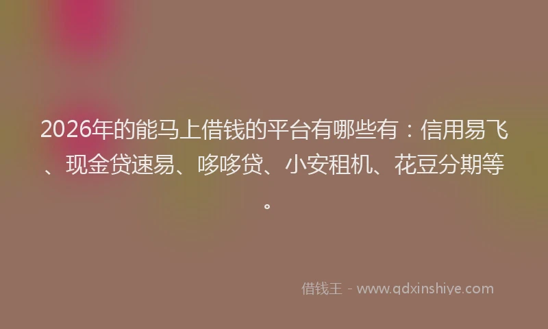 2026年的能马上借钱的平台有哪些有:信用易飞、现金贷速易、哆哆贷、小安租机、花豆分期等。
