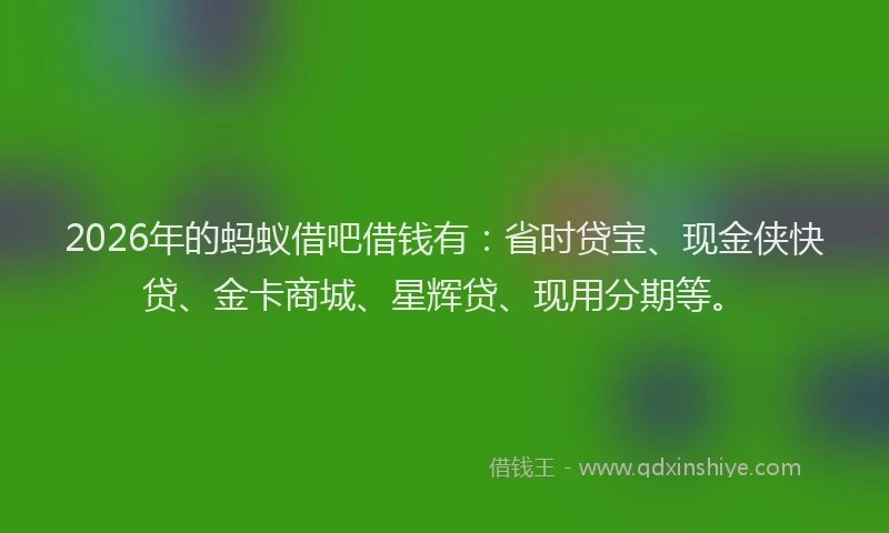 2026年的蚂蚁借吧借钱有：省时贷宝、现金侠快贷、金卡商城、星辉贷、现用分期等。