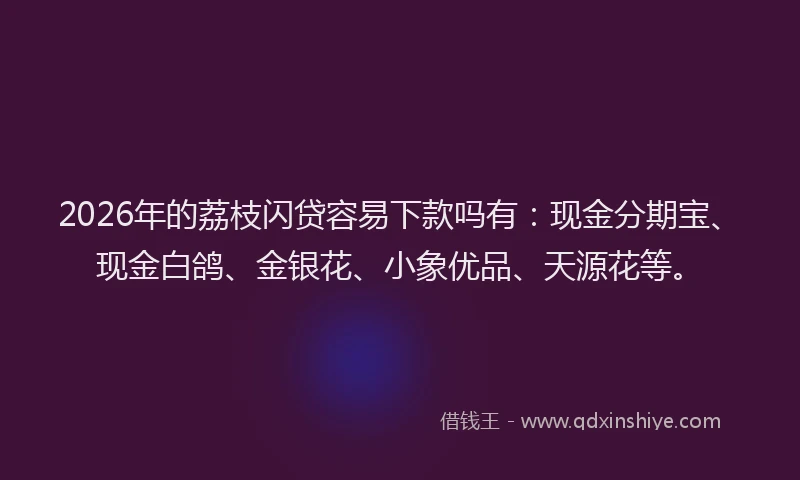 2026年的荔枝闪贷容易下款吗有：现金分期宝、现金白鸽、金银花、小象优品、天源花等。
