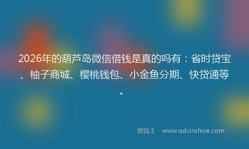 2026年的葫芦岛微信借钱是真的吗有：省时贷宝、柚子商城、樱桃钱包、小金鱼分期、快贷通等。