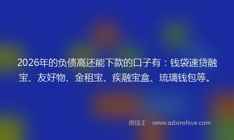 2026年的负债高还能下款的口子有:钱袋速贷融宝、友好物、金租宝、疾融宝盒、琉璃钱包等。