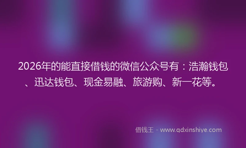 2026年的能直接借钱的微信公众号有：浩瀚钱包、迅达钱包、现金易融、旅游购、新一花等。