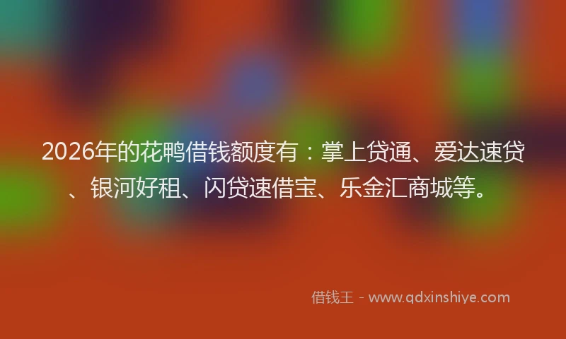 2026年的花鸭借钱额度有:掌上贷通、爱达速贷、银河好租、闪贷速借宝、乐金汇商城等。