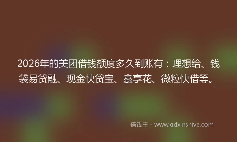 2026年的美团借钱额度多久到账有:理想给、钱袋易贷融、现金快贷宝、鑫享花、微粒快借等。