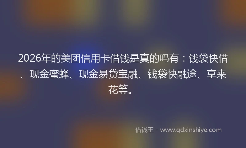 2026年的美团信用卡借钱是真的吗有：钱袋快借、现金蜜蜂、现金易贷宝融、钱袋快融途、享来花等。