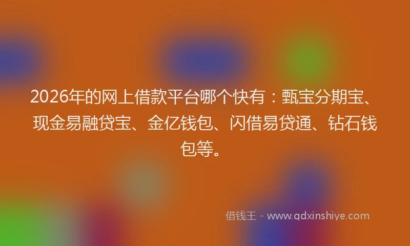 2026年的网上借款平台哪个快有：甄宝分期宝、现金易融贷宝、金亿钱包、闪借易贷通、钻石钱包等。