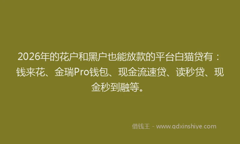 2026年的花户和黑户也能放款的平台白猫贷有：钱来花、金瑞Pro钱包、现金流速贷、读秒贷、现金秒到融等。