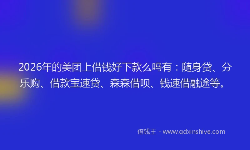 2026年的美团上借钱好下款么吗有：随身贷、分乐购、借款宝速贷、森森借呗、钱速借融途等。
