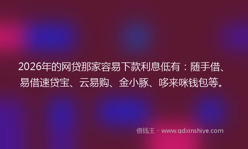 2026年的网贷那家容易下款利息低有：随手借、易借速贷宝、云易购、金小豚、哆来咪钱包等。