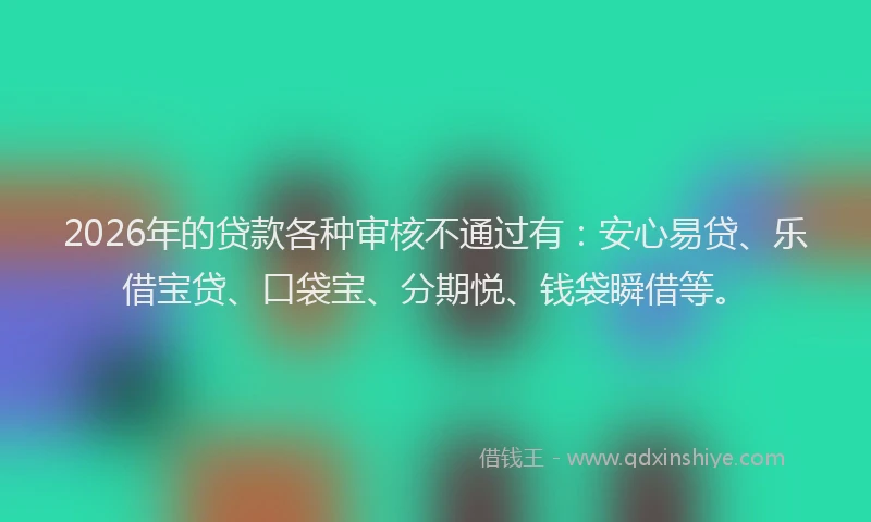 2026年的贷款各种审核不通过有：安心易贷、乐借宝贷、口袋宝、分期悦、钱袋瞬借等。