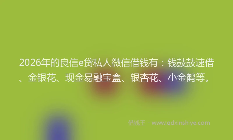 2026年的良信e贷私人微信借钱有:钱鼓鼓速借、金银花、现金易融宝盒、银杏花、小金鹤等。