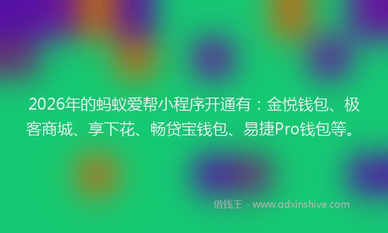2026年的蚂蚁爱帮小程序开通有：金悦钱包、极客商城、享下花、畅贷宝钱包、易捷Pro钱包等。