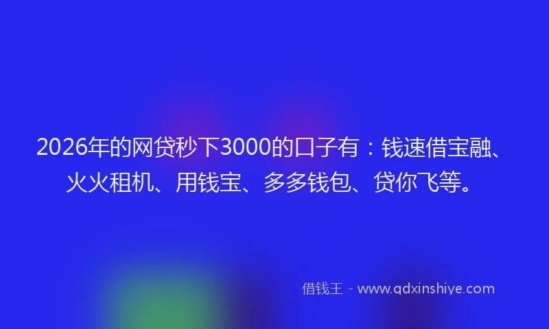 2026年的网贷秒下3000的口子有：钱速借宝融、火火租机、用钱宝、多多钱包、贷你飞等。
