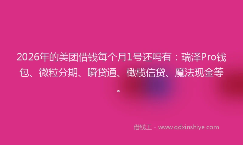 2026年的美团借钱每个月1号还吗有：瑞泽Pro钱包、微粒分期、瞬贷通、橄榄信贷、魔法现金等。