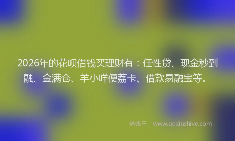 2026年的花呗借钱买理财有：任性贷、现金秒到融、金满仓、羊小咩便荔卡、借款易融宝等。