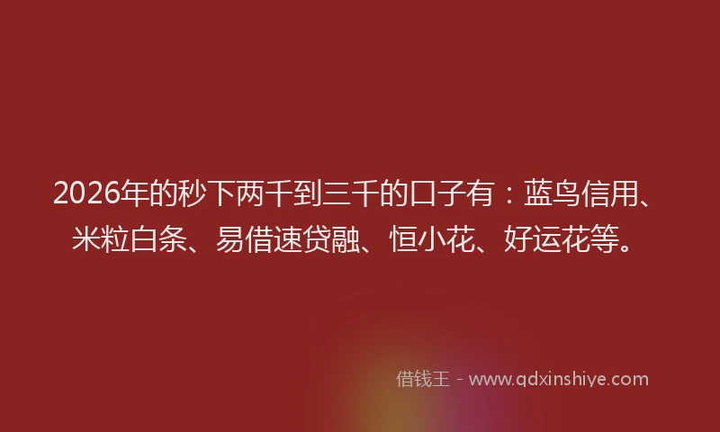 2026年的秒下两千到三千的口子有：蓝鸟信用、米粒白条、易借速贷融、恒小花、好运花等。