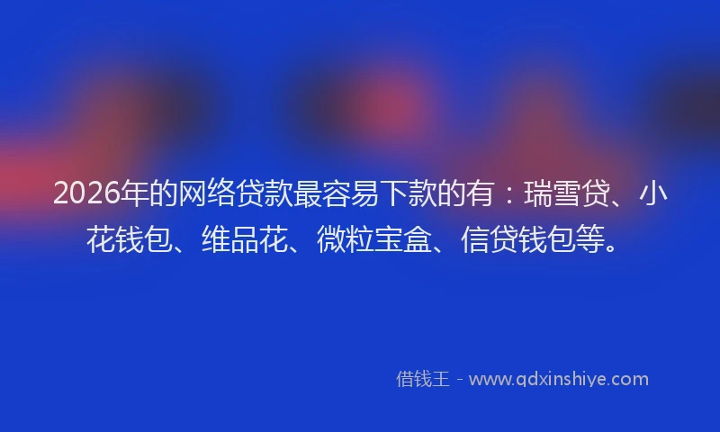 2026年的网络贷款最容易下款的有：瑞雪贷、小花钱包、维品花、微粒宝盒、信贷钱包等。