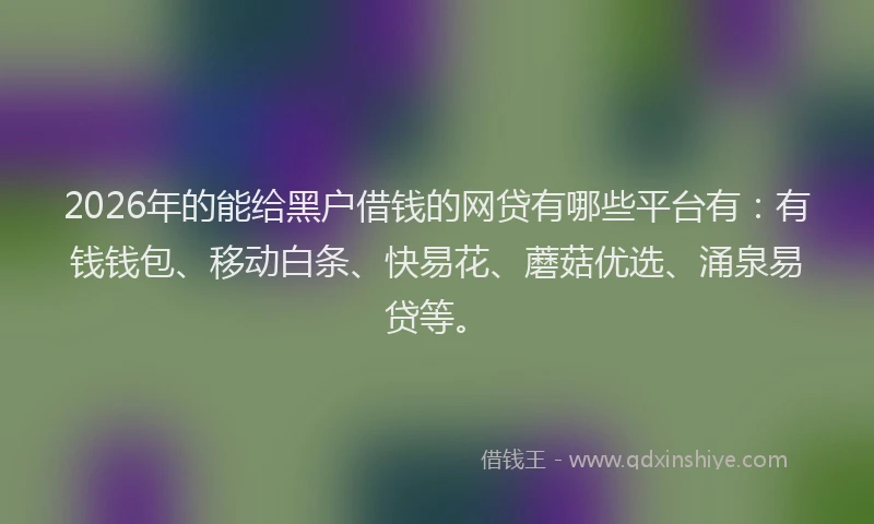 2026年的能给黑户借钱的网贷有哪些平台有：有钱钱包、移动白条、快易花、蘑菇优选、涌泉易贷等。