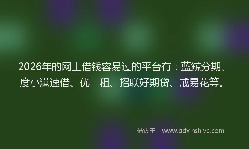 2026年的网上借钱容易过的平台有：蓝鲸分期、度小满速借、优一租、招联好期贷、戒易花等。