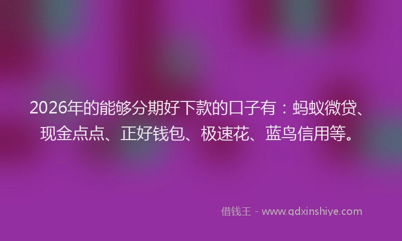 2026年的能够分期好下款的口子有：蚂蚁微贷、现金点点、正好钱包、极速花、蓝鸟信用等。