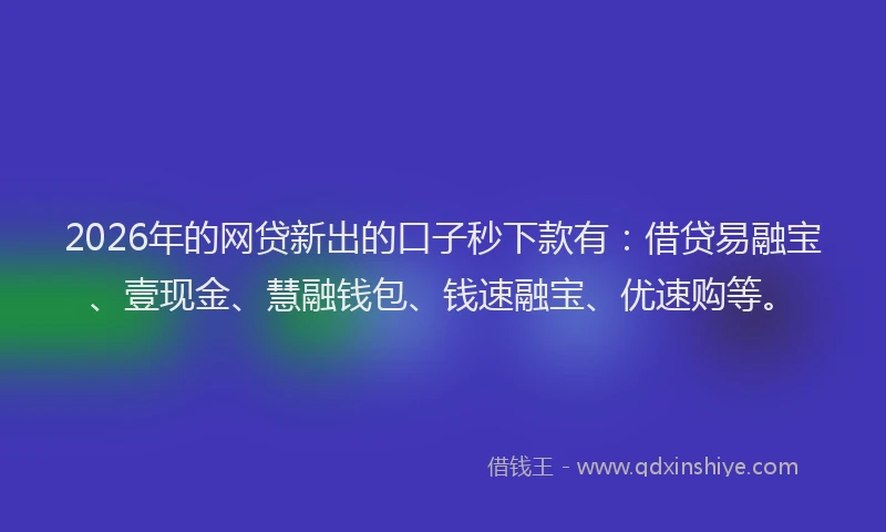 2026年的网贷新出的口子秒下款有：借贷易融宝、壹现金、慧融钱包、钱速融宝、优速购等。