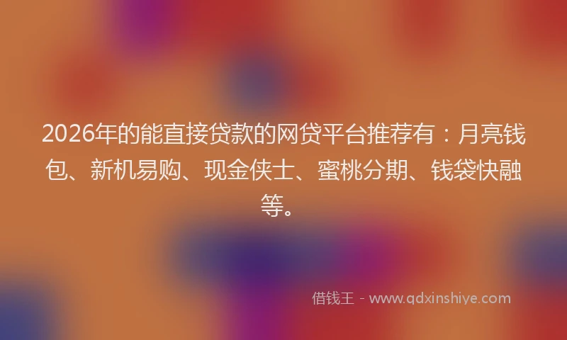 2026年的能直接贷款的网贷平台推荐有：月亮钱包、新机易购、现金侠士、蜜桃分期、钱袋快融等。