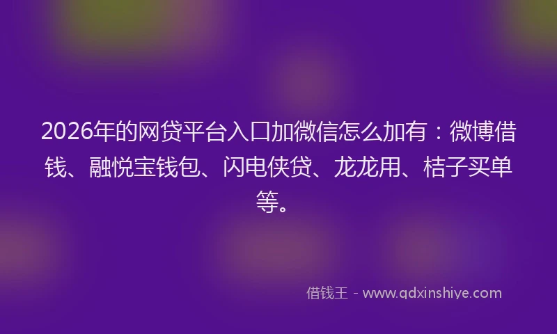 2026年的网贷平台入口加微信怎么加有：微博借钱、融悦宝钱包、闪电侠贷、龙龙用、桔子买单等。