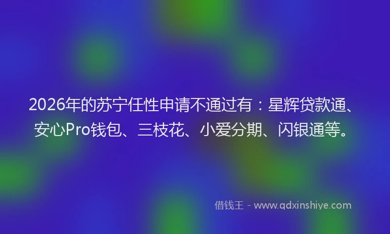 2026年的苏宁任性申请不通过有：星辉贷款通、安心Pro钱包、三枝花、小爱分期、闪银通等。