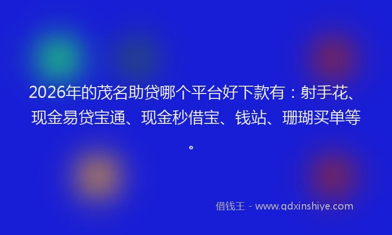 2026年的茂名助贷哪个平台好下款有:射手花、现金易贷宝通、现金秒借宝、钱站、珊瑚买单等。