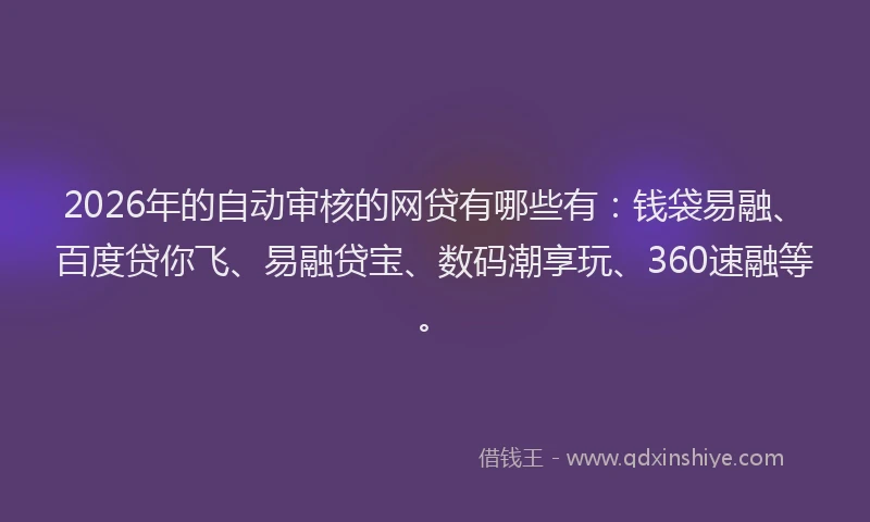 2026年的自动审核的网贷有哪些有：钱袋易融、百度贷你飞、易融贷宝、数码潮享玩、360速融等。