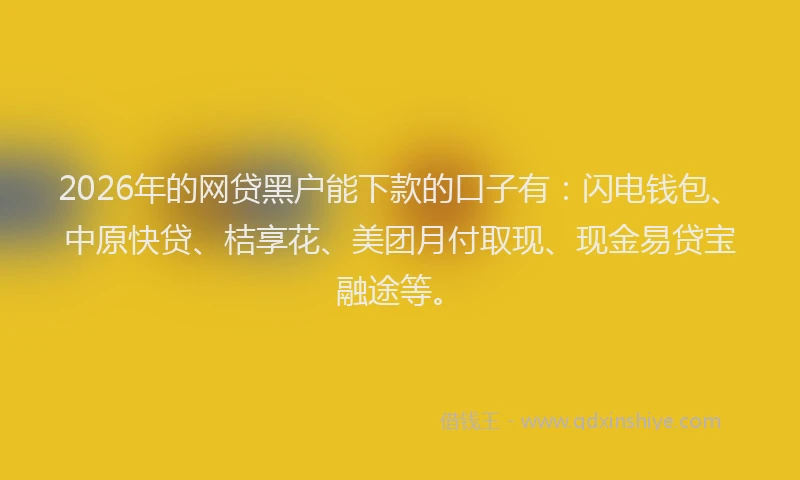 2026年的网贷黑户能下款的口子有：闪电钱包、中原快贷、桔享花、美团月付取现、现金易贷宝融途等。