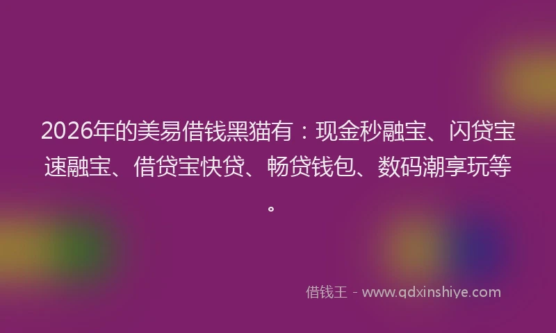 2026年的美易借钱黑猫有：现金秒融宝、闪贷宝速融宝、借贷宝快贷、畅贷钱包、数码潮享玩等。